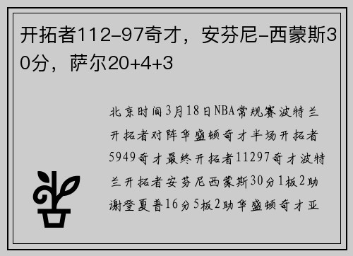 开拓者112-97奇才，安芬尼-西蒙斯30分，萨尔20+4+3