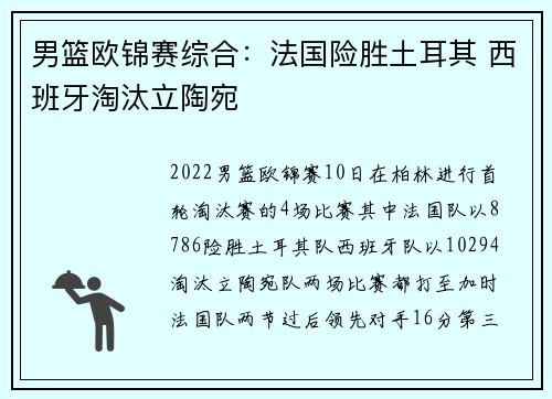 男篮欧锦赛综合：法国险胜土耳其 西班牙淘汰立陶宛