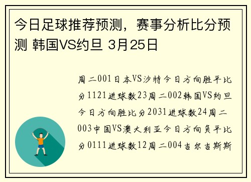 今日足球推荐预测，赛事分析比分预测 韩国VS约旦 3月25日