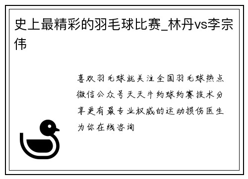 史上最精彩的羽毛球比赛_林丹vs李宗伟