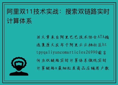 阿里双11技术实战：搜索双链路实时计算体系